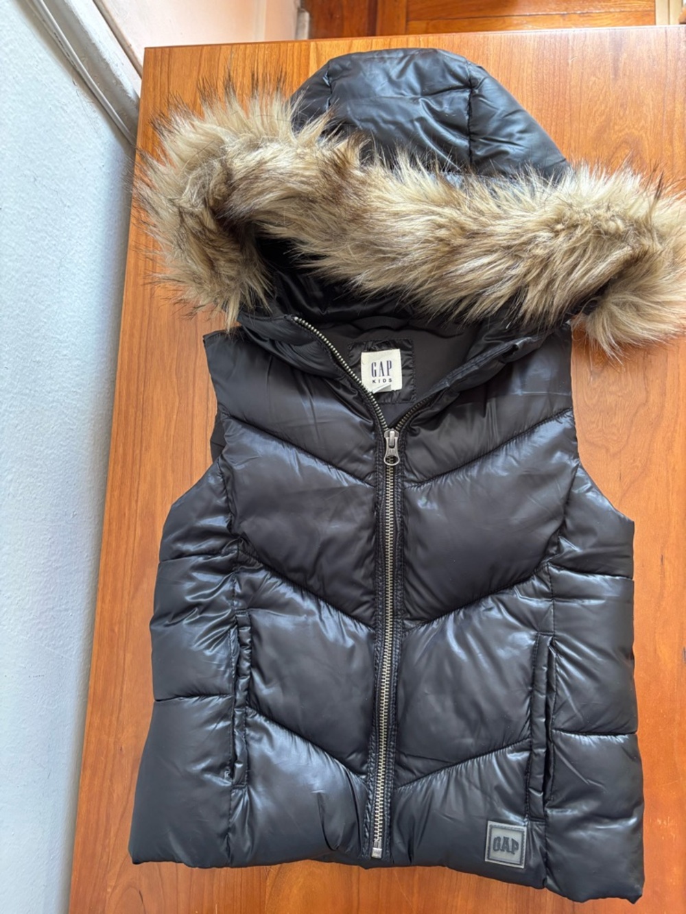 GAP Black Puffer Vest with Removable Faux Fur Hood Trim